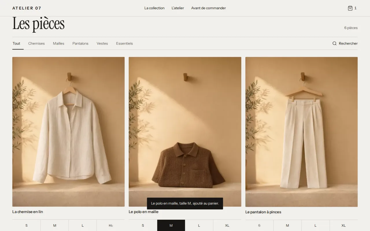 Le site d’Atelier 07 : la chemise en lin, le polo en maille ajouté au panier en taille M, le pantalon