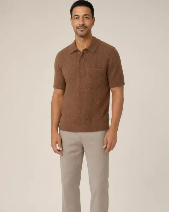 Le polo en maille porté par un mannequin inventé